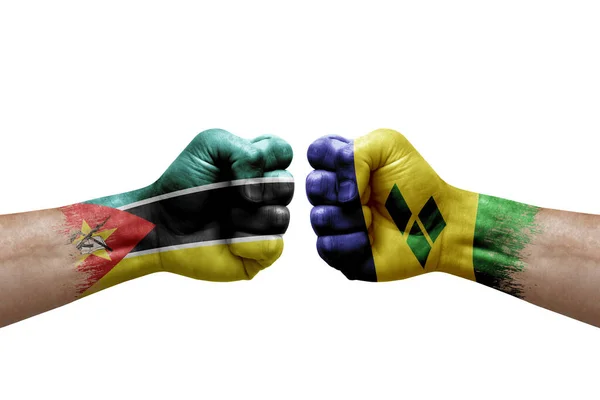 Two Hands Punch Each Others White Background Country Flags Painted — Stockfoto