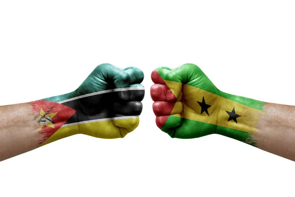 Two Hands Punch Each Others White Background Country Flags Painted – stockfoto