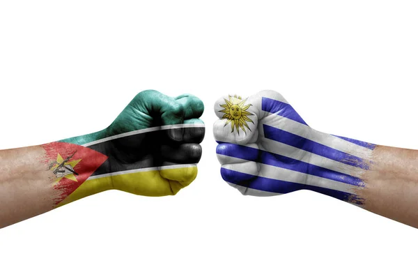 Two Hands Punch Each Others White Background Country Flags Painted — Fotografia de Stock