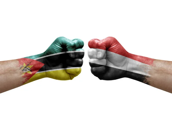 Two Hands Punch Each Others White Background Country Flags Painted — Fotografia de Stock