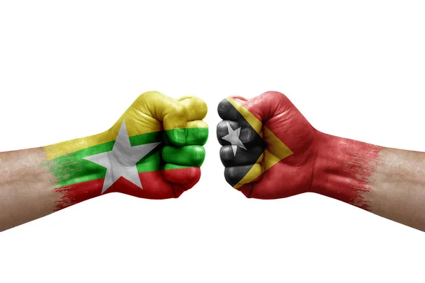 Two Hands Punch Each Others White Background Country Flags Painted — Stockfoto