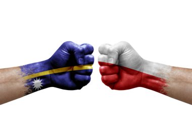 Two hands punch to each others on white background. Country flags painted fists, conflict crisis concept between nauru and poland