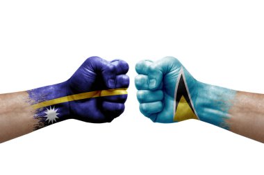 Two hands punch to each others on white background. Country flags painted fists, conflict crisis concept between nauru and saint lucia