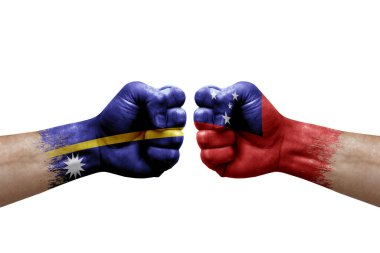 Two hands punch to each others on white background. Country flags painted fists, conflict crisis concept between nauru and samoa