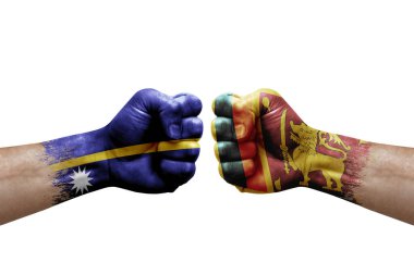 Two hands punch to each others on white background. Country flags painted fists, conflict crisis concept between nauru and sri lanka