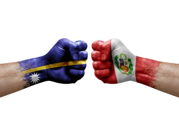 Two Hands Punch Each Others White Background Country Flags Painted — Stock Photo, Image