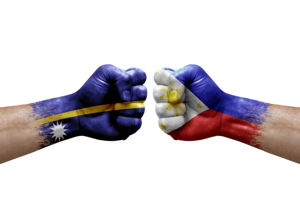 Two Hands Punch Each Others White Background Country Flags Painted — Zdjęcie stockowe