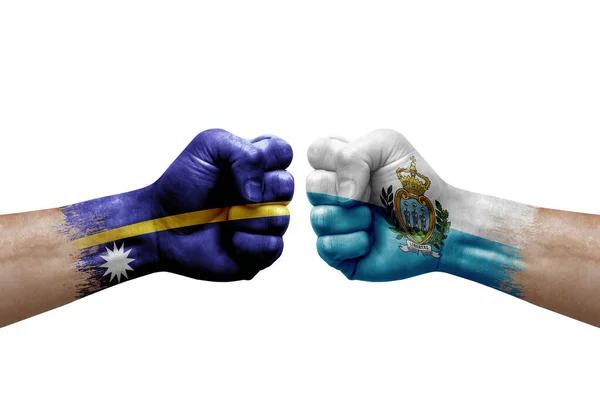 Two Hands Punch Each Others White Background Country Flags Painted — 图库照片