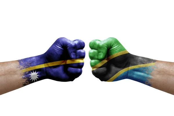 Two Hands Punch Each Others White Background Country Flags Painted — Stockfoto