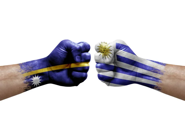 Two Hands Punch Each Others White Background Country Flags Painted — Stok fotoğraf