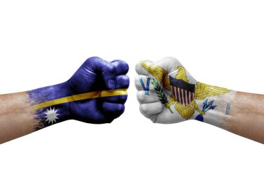 Two hands punch to each others on white background. Country flags painted fists, conflict crisis concept between nauru and virgin islands