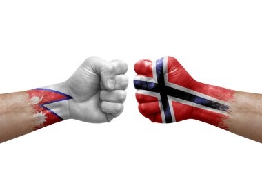Two hands punch to each others on white background. Country flags painted fists, conflict crisis concept between nepal and norway