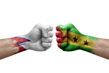 Two hands punch to each others on white background. Country flags painted fists, conflict crisis concept between nepal and sao tome and principe