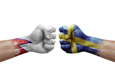 Two hands punch to each others on white background. Country flags painted fists, conflict crisis concept between nepal and sweden