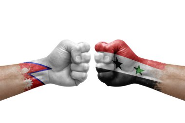 Two hands punch to each others on white background. Country flags painted fists, conflict crisis concept between nepal and syria