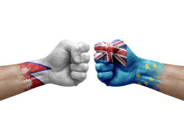 Two hands punch to each others on white background. Country flags painted fists, conflict crisis concept between nepal and tuvalu