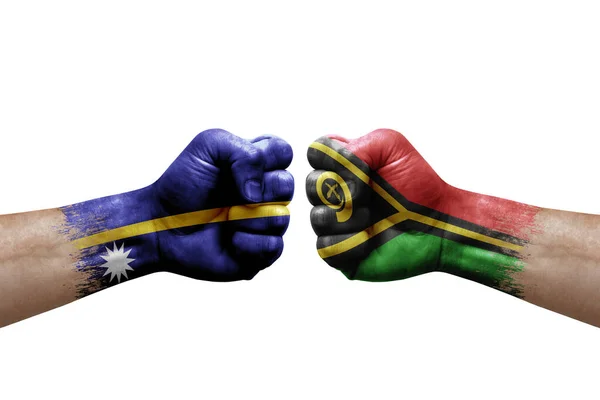 Two Hands Punch Each Others White Background Country Flags Painted – stockfoto