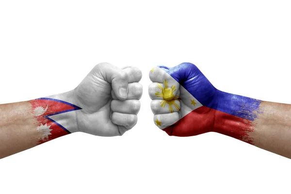 Two Hands Punch Each Others White Background Country Flags Painted —  Fotos de Stock