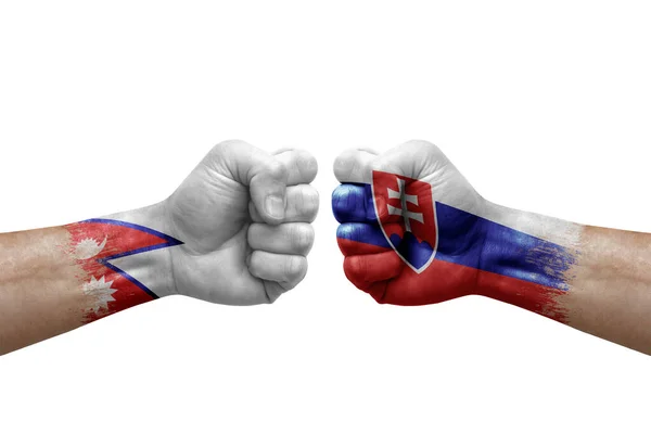 Two Hands Punch Each Others White Background Country Flags Painted — Stockfoto