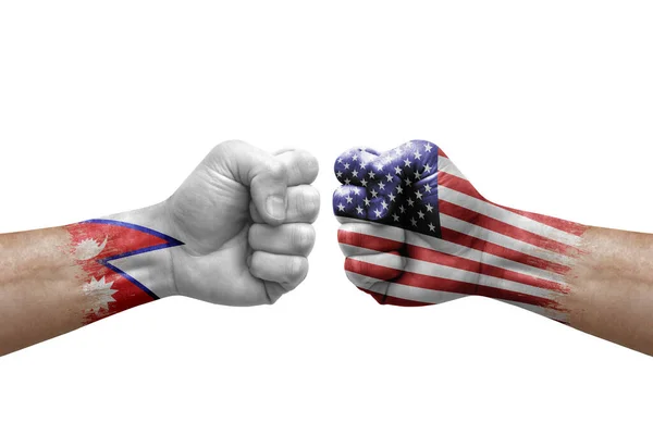 Two Hands Punch Each Others White Background Country Flags Painted — Fotografie, imagine de stoc