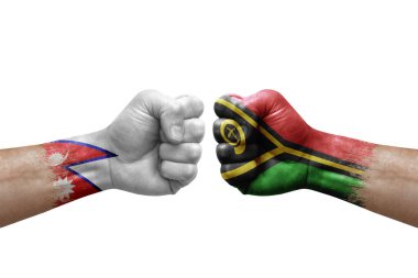 Two hands punch to each others on white background. Country flags painted fists, conflict crisis concept between nepal and vanuatu