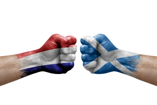 Two Hands Punch Each Others White Background Country Flags Painted — Foto Stock