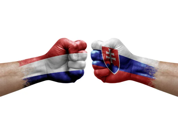 Two Hands Punch Each Others White Background Country Flags Painted — Stock fotografie