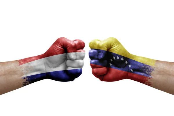 Two Hands Punch Each Others White Background Country Flags Painted —  Fotos de Stock