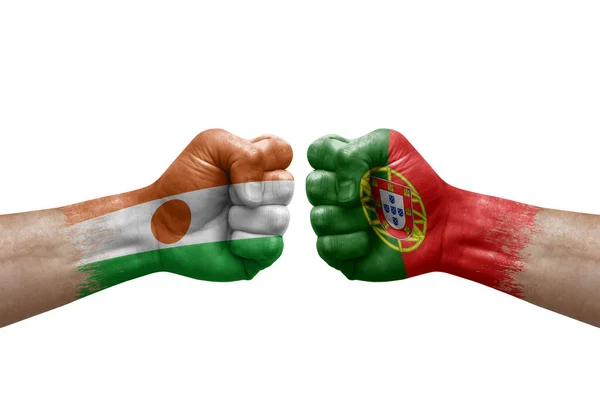 Two Hands Punch Each Others White Background Country Flags Painted — Foto Stock