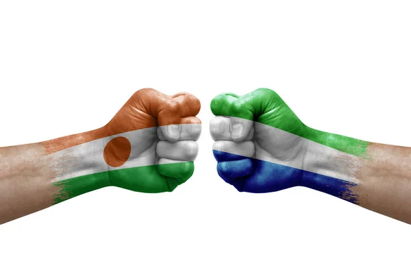 Two Hands Punch Each Others White Background Country Flags Painted — Foto Stock