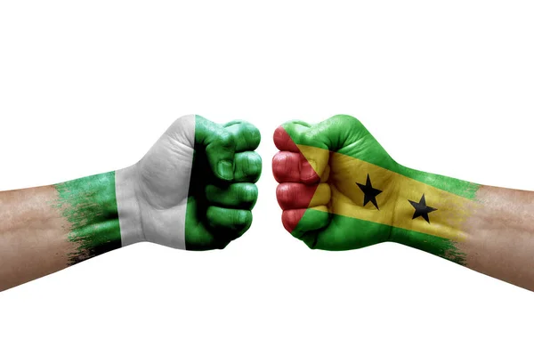 Two Hands Punch Each Others White Background Country Flags Painted — Stockfoto