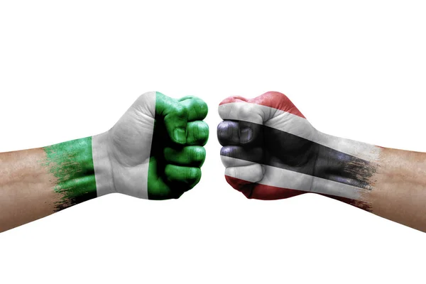 Two Hands Punch Each Others White Background Country Flags Painted — Fotografia de Stock