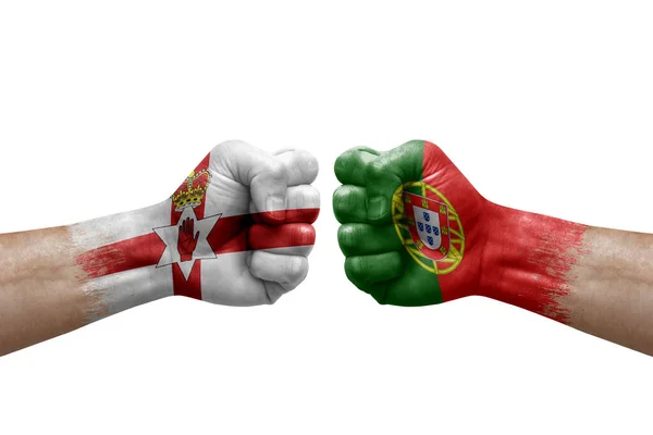 Two Hands Punch Each Others White Background Country Flags Painted — Foto Stock