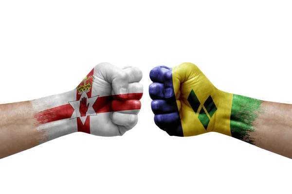 Two Hands Punch Each Others White Background Country Flags Painted — Foto de Stock