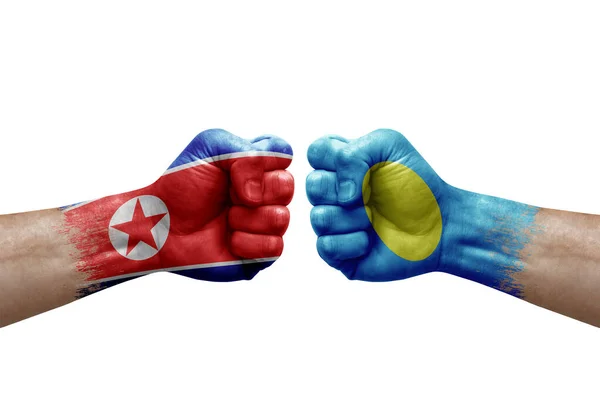 Two Hands Punch Each Others White Background Country Flags Painted — Fotografia de Stock