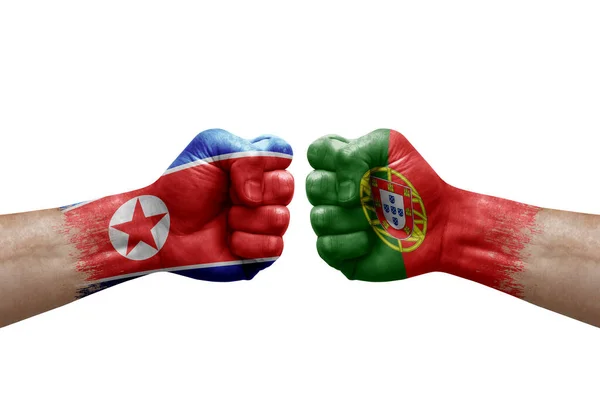 Two Hands Punch Each Others White Background Country Flags Painted — Fotografia de Stock