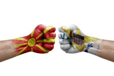 Two hands punch to each others on white background. Country flags painted fists, conflict crisis concept between north macedonia and virgin islands