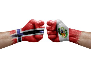 Two hands punch to each others on white background. Country flags painted fists, conflict crisis concept between norway and peru