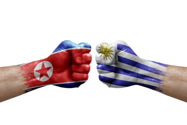 Two Hands Punch Each Others White Background Country Flags Painted — Fotografia de Stock