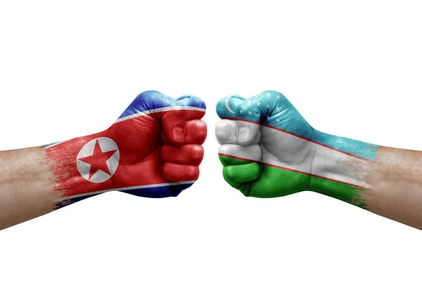 Two Hands Punch Each Others White Background Country Flags Painted — Stockfoto