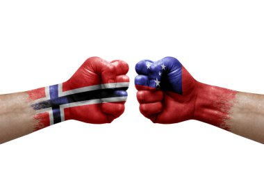 Two hands punch to each others on white background. Country flags painted fists, conflict crisis concept between norway and samoa