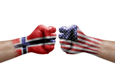 Two hands punch to each others on white background. Country flags painted fists, conflict crisis concept between norway and usa