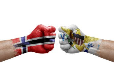 Two hands punch to each others on white background. Country flags painted fists, conflict crisis concept between norway and virgin islands