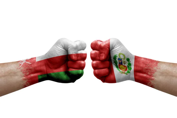 Two Hands Punch Each Others White Background Country Flags Painted — Stock Photo, Image