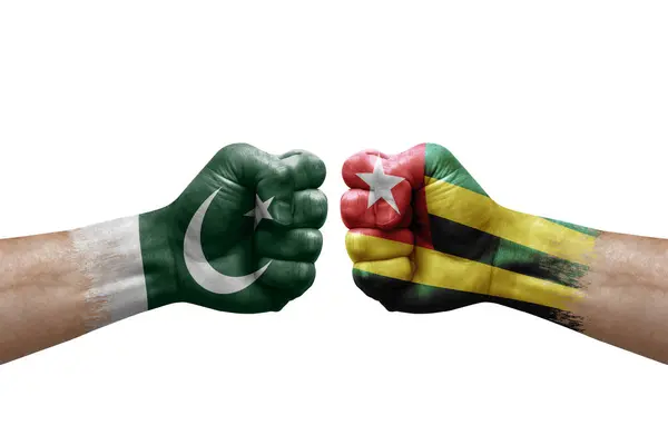 Two Hands Punch Each Others White Background Country Flags Painted — Stok fotoğraf