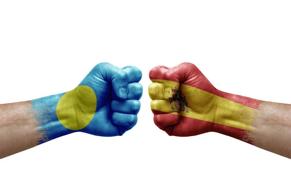 Two Hands Punch Each Others White Background Country Flags Painted — 图库照片