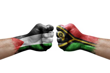 Two hands punch to each others on white background. Country flags painted fists, conflict crisis concept between palestine and vanuatu
