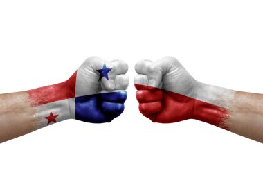 Two hands punch to each others on white background. Country flags painted fists, conflict crisis concept between panama and poland
