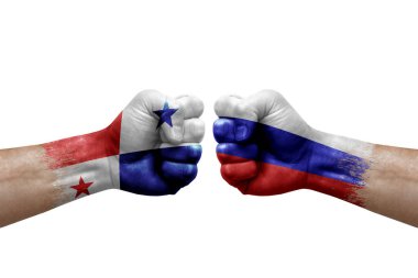 Two hands punch to each others on white background. Country flags painted fists, conflict crisis concept between panama and russia