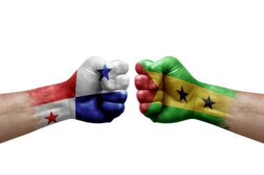 Two hands punch to each others on white background. Country flags painted fists, conflict crisis concept between panama and sao tome and principe